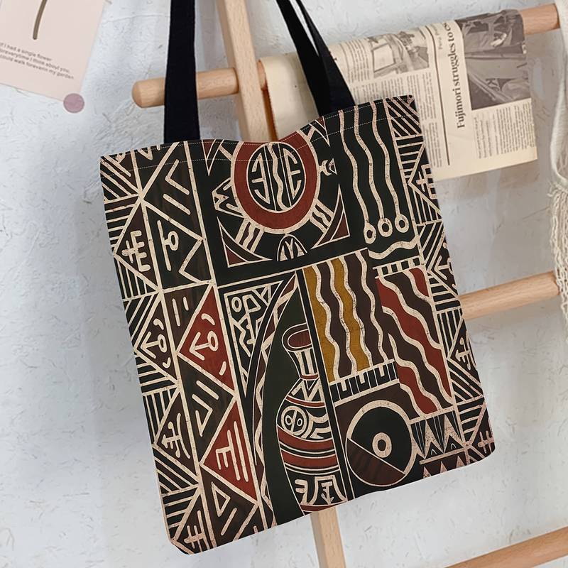 Vintage African Art Geometric Pattern Canvas Bag, Teen Shopping Bag, Durable, Suitable for Daily Use and Beach, Spacious Design, Classic Style