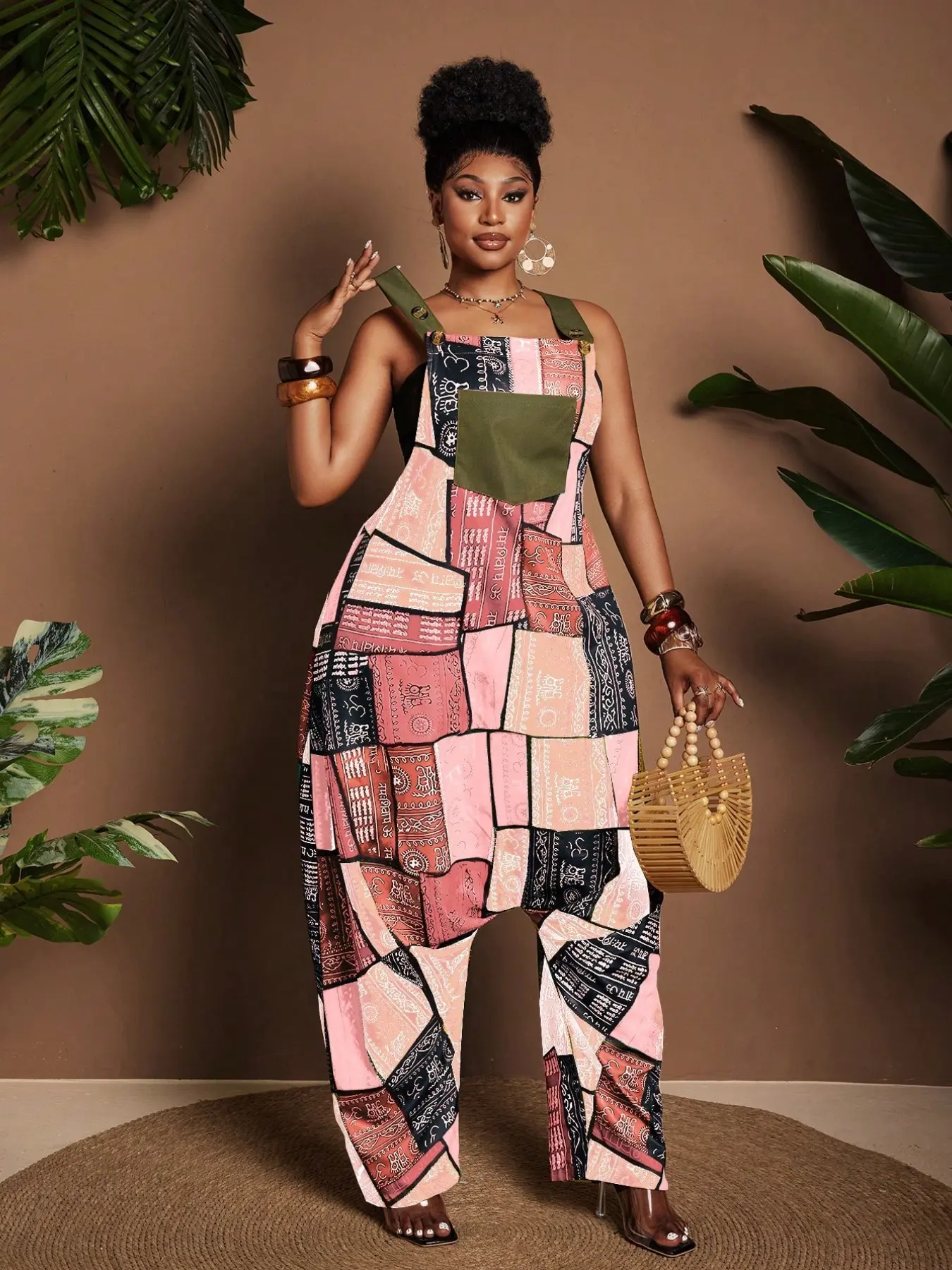 Plus Size Patchwork Print Sleeveless Loose Harem Pocket Jumpsuit, Comfortable and Stylish Design, Perfect for Casual Wear