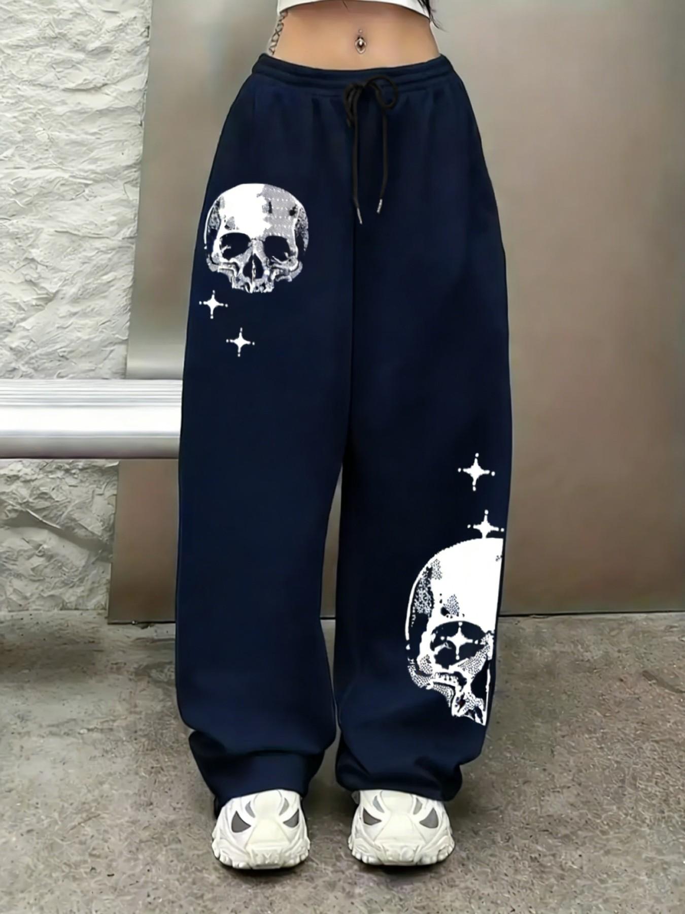 Women's Oversized Baggy Joggers Sweatpants | Goth Skull Print Streetwear Pants | High Waisted Drawstring Loose Fit Track Pants | Stretchy Comfy Lounge Casual Pants for Women | Trendy Grunge Aesthetic Baggy Trousers | Baggy Jogging Pants