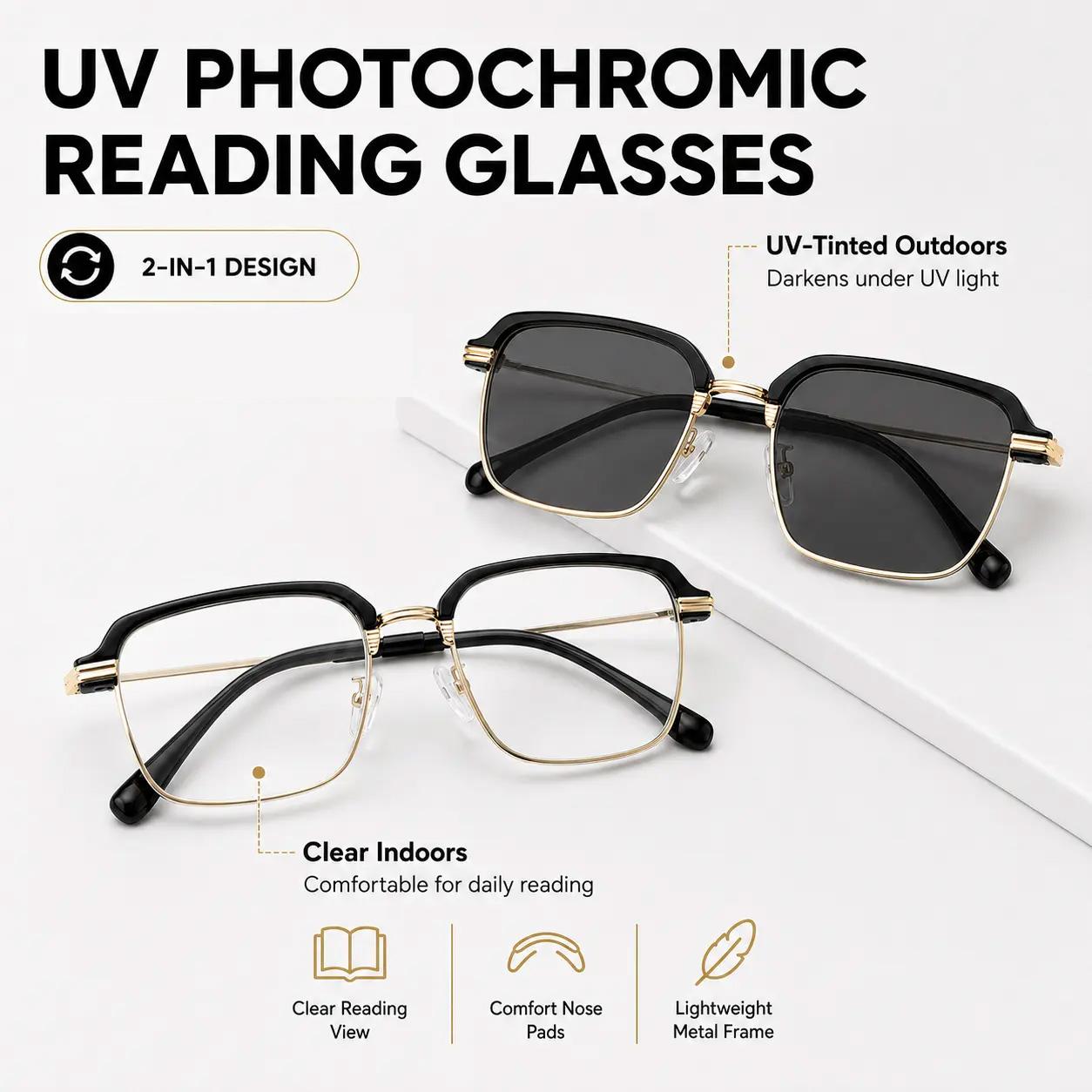 Photochromic Reading Glasses & 0.00 Non-Prescription Glasses, Anti-Blue Light UV Protection Eyeglasses for Men and Women, Lightweight Black Gold Frame