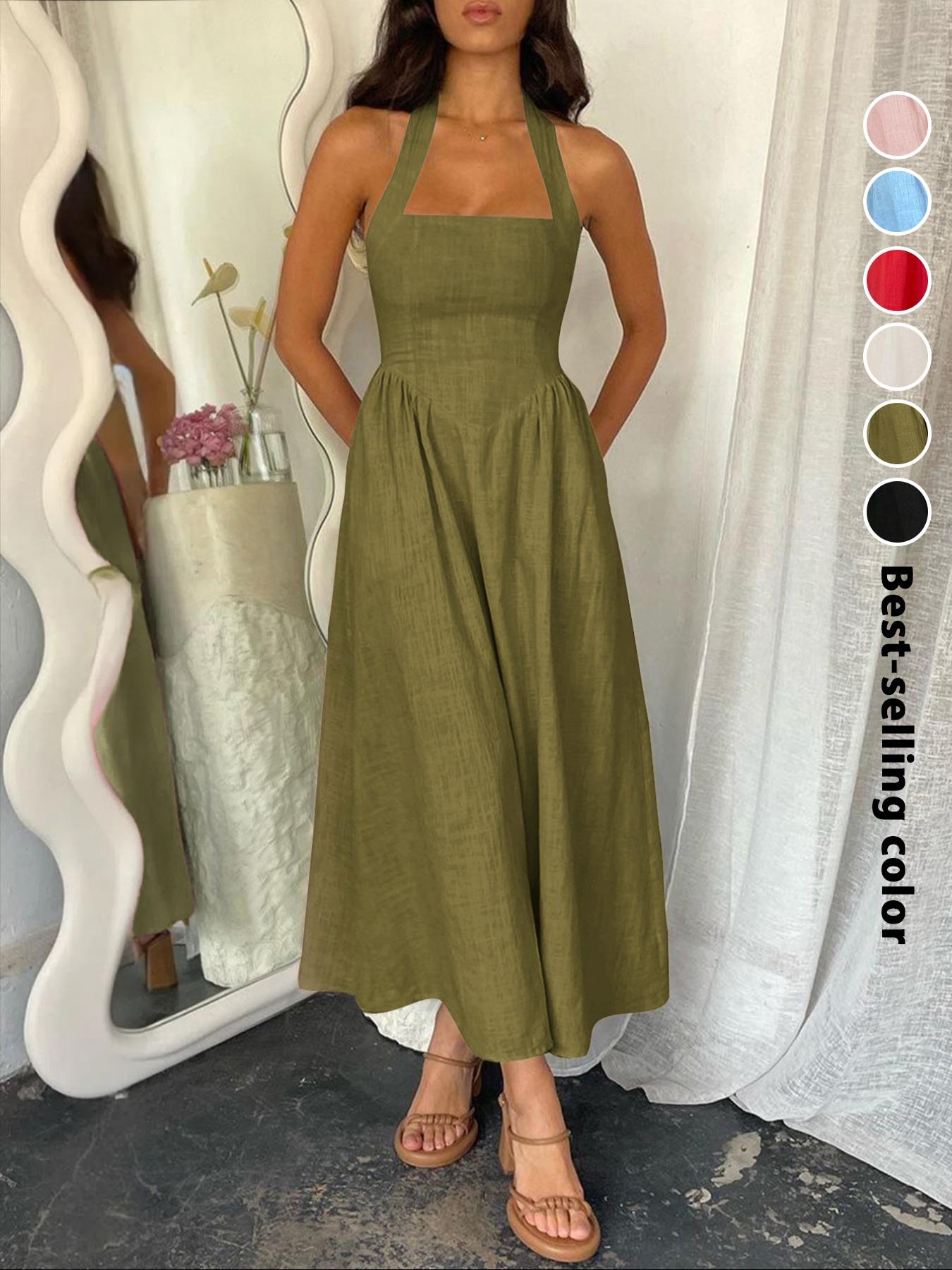 Women's Plain Pocket Zipper Back Dress, Casual Sleeveless Halter Neck A Line Dress for Summer, Ladies Clothes for Beach Holiday, Brunch Dresses, Casual Wear