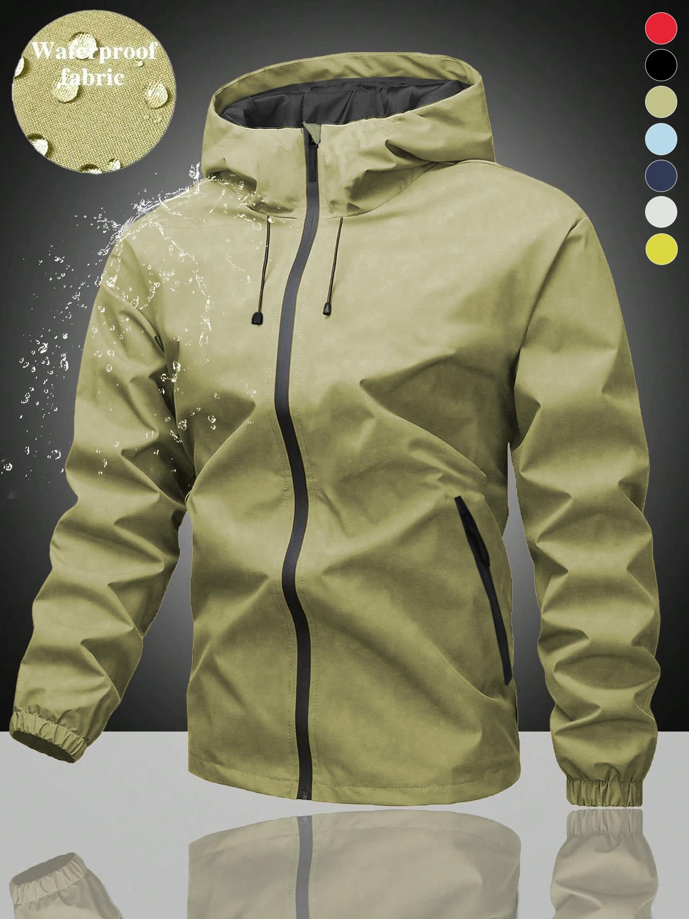 Unisex Plain Waterproof Windproof Drawstring Zip Up Hooded Jacket, Casual Long Sleeve Zipper Pocket Design Outerwear for Outdoor Activities, Men's Clothes for All Seasons, Menswear, Coats