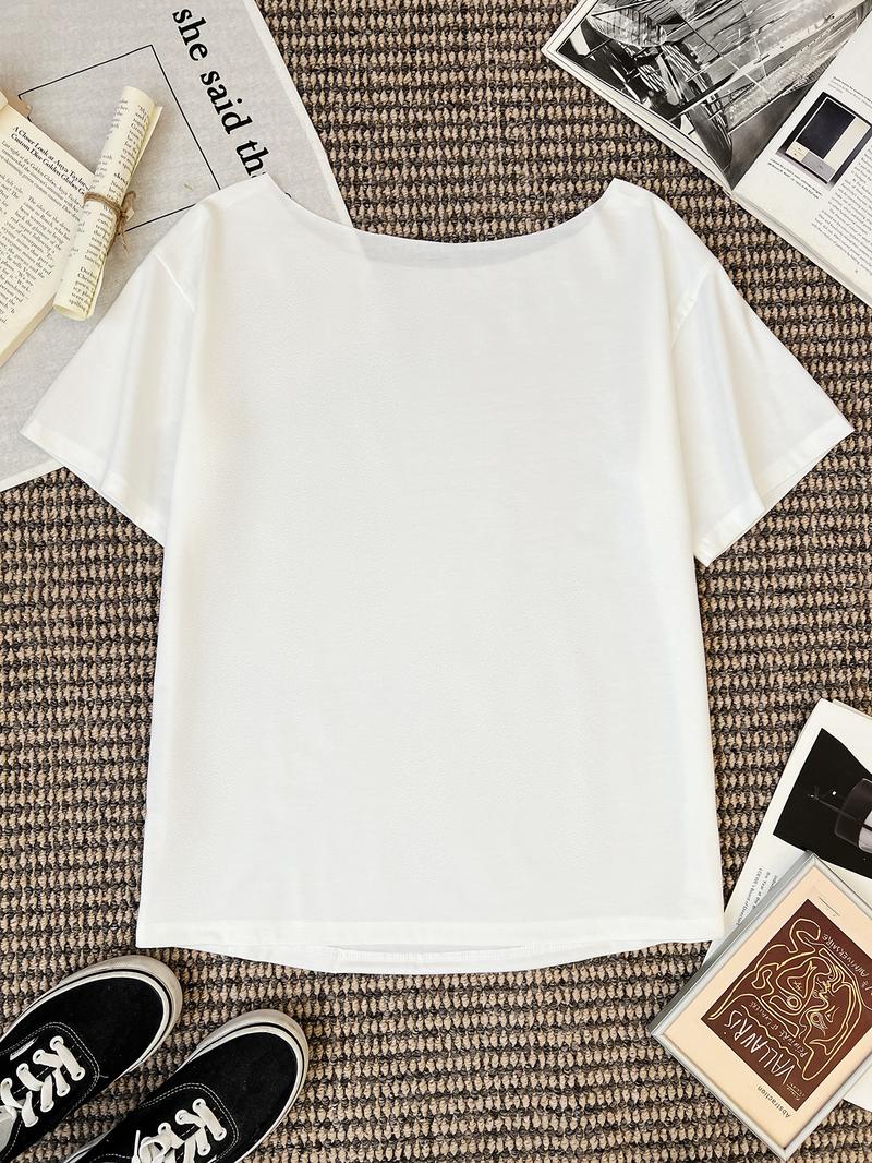 Women's Plain Off Shoulder Distressed Number 07 Tee, Casual Loose Letter Graphic Short Sleeve T-shirt for Summer, Ladies Clothes for Daily Wear Women's Plain Off Shoulder Distressed Number 07 Tee, Casual Loose Letter Graphic Short Sleeve T-shirt for Summer, Ladies Clothes for Daily Wear