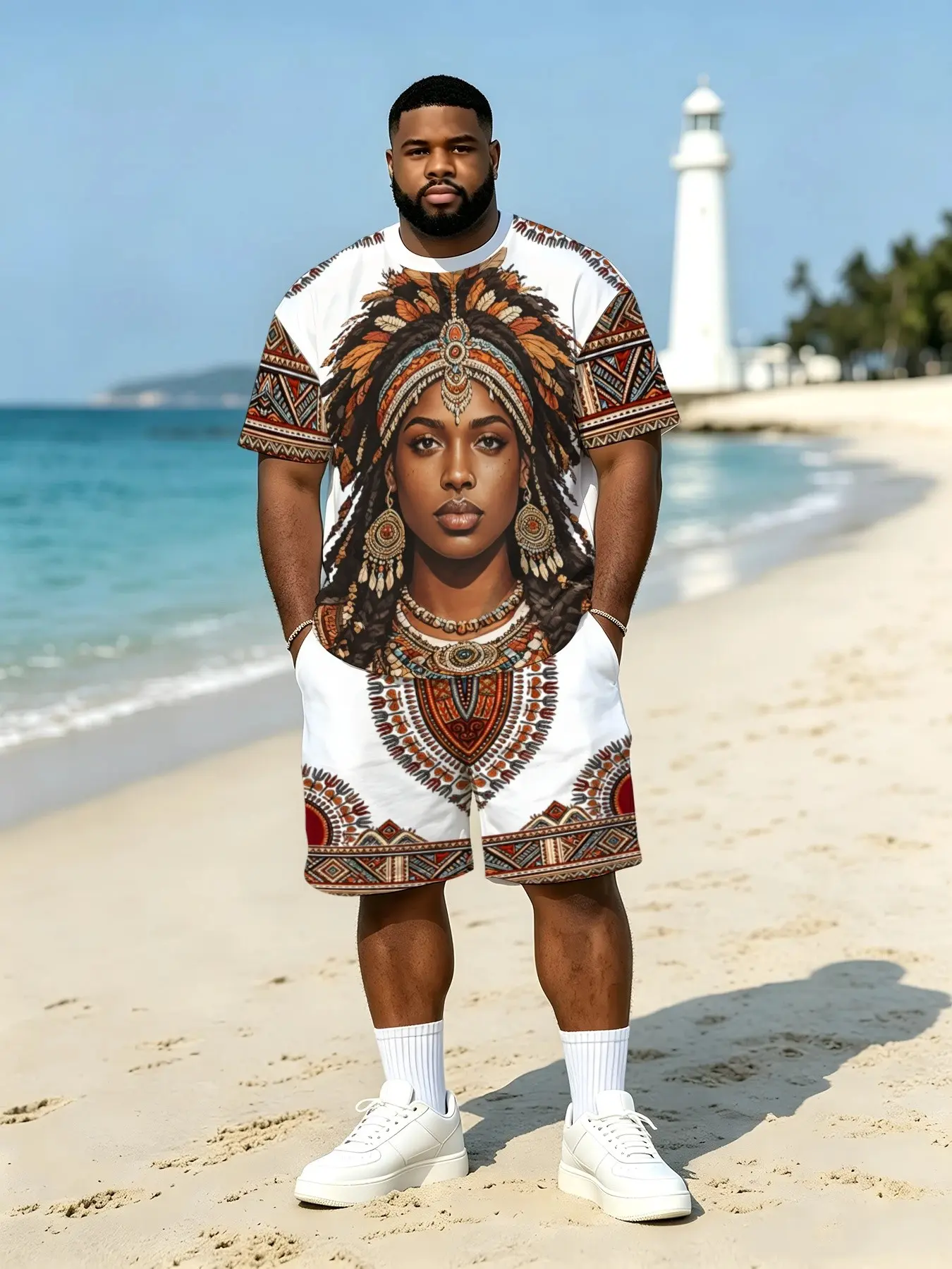 Men's Plus Size African Queen Portrait All over Print Short Sleeve T-Shirt, Ethnic Feather Headpiece, Loose Fit Round Neck Top, Menswear