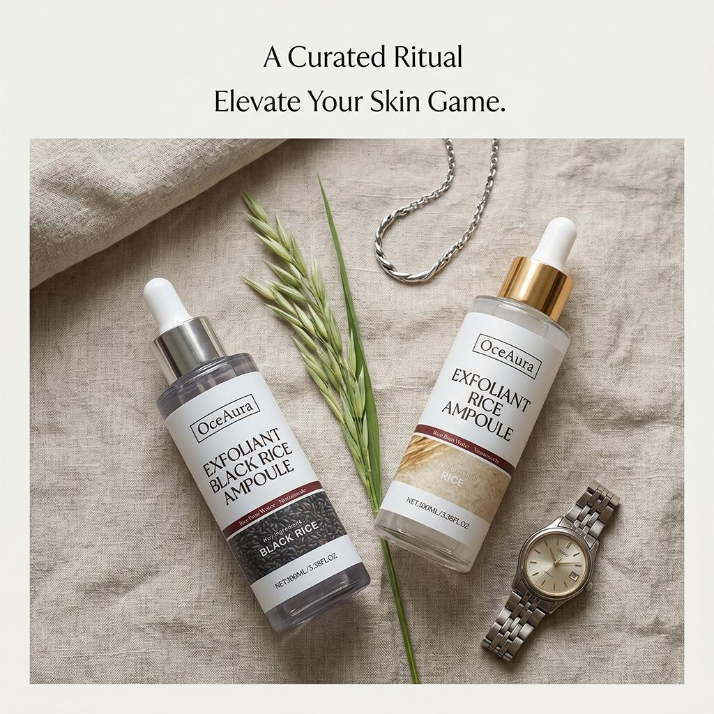 Rice Ampoule Duo 100ml x2, Black Rice & Rice Extract Exfoliating Facial Serum Set, Lightweight Hydrating Glow Ampoule with Dropper, Gentle Texture-Refining Skin Care for Smooth-Looking Radiant Skin