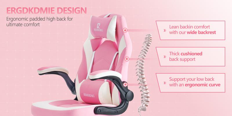 RIMIKING  Ergonomic Gaming Chair,Adjustable Lumbar Support,High-Back Design,Smooth Recline,Soft PU Armrests,Durable and Sturdy,360° Rolling Wheels