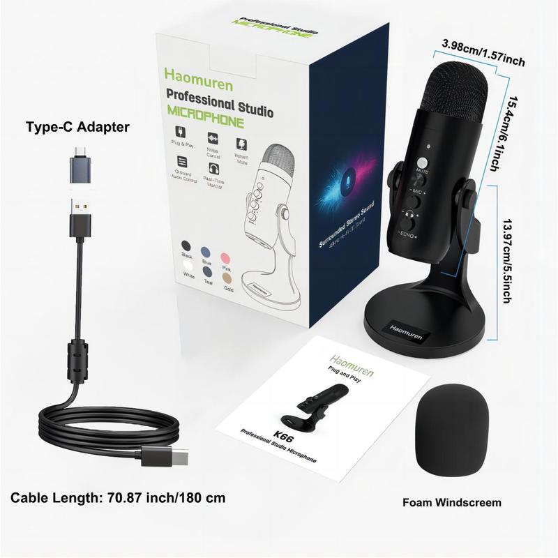HAOMUREN USB Powered Microphone with Type-C Adapter & USB Cable, Condenser Microphone with Noise Cancelling & Echo Function, Microphone for Live Streaming, Noise Reduction Mic