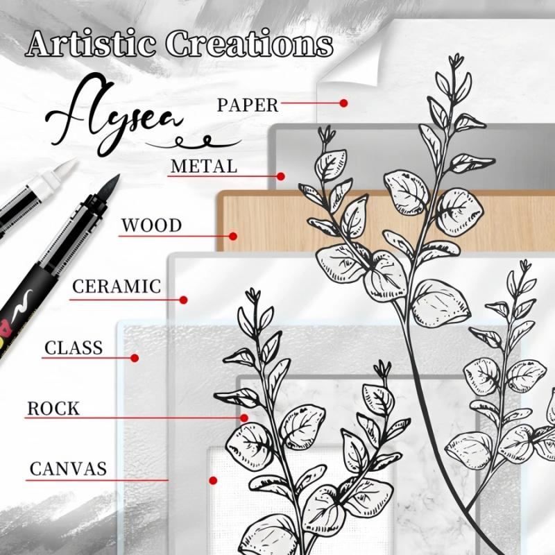 Acrylic Paint Pens Black and White, Automatic Ink Control System,Soft Brush Tip Markers,for Canvas, Rock, Wood, Stone, Glass, Ceramic, Fabric Painting, DIY Crafts, Art Marker Set