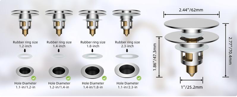 Hibbent All Metal 2 in 1 Bathroom Sink Stopper, Universal Pop Up Drain Strainer, Brass Bullet Core Push Type Stopper for 1''~2.3'' Basin, Big Push Button, Anti Clogging Drain Filter