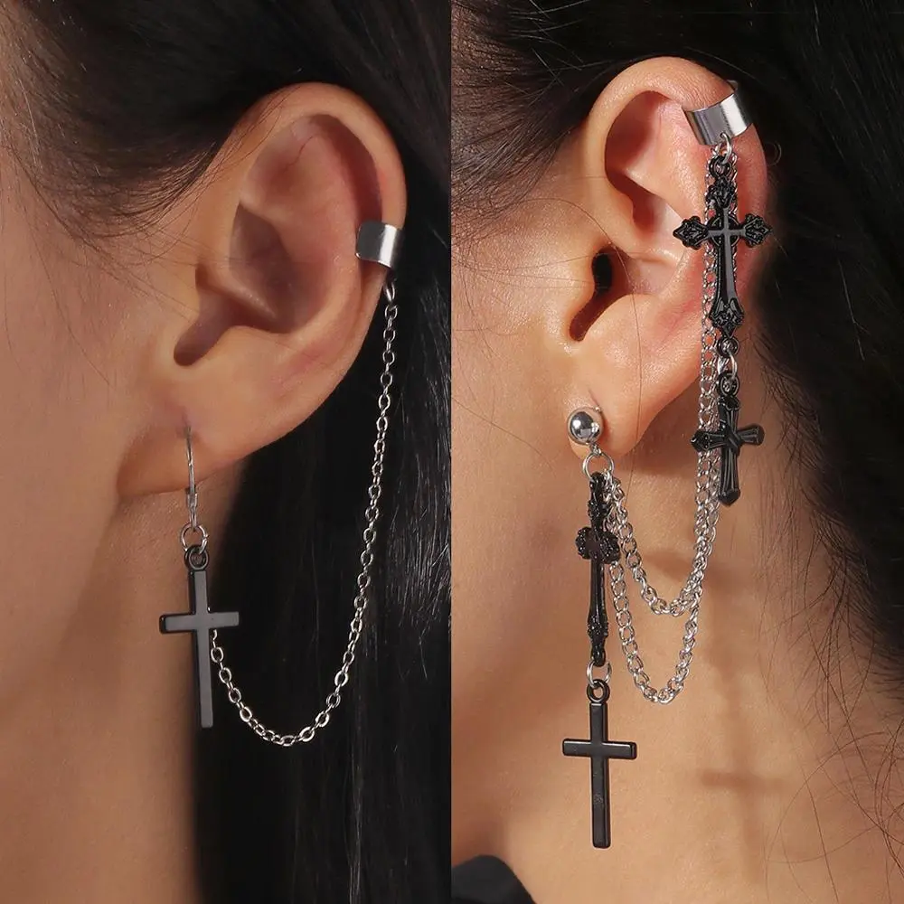 Aihua 1pc Punk Black Cross Tassel Earrings Women Clip Stud Earring Christian Gothic Hip Hop Jewelry Metal Chain Ear Ring Earring