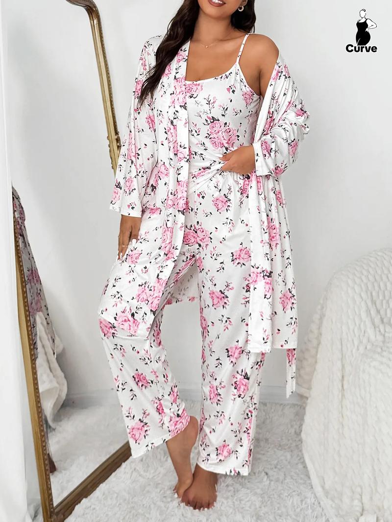 Plus Size Floral Print Robe Set for Women, Elegant Comfortable Sleepwear, Sleeveless Top & Long Pants, Spring & Fall Home Wear, Pajama Set