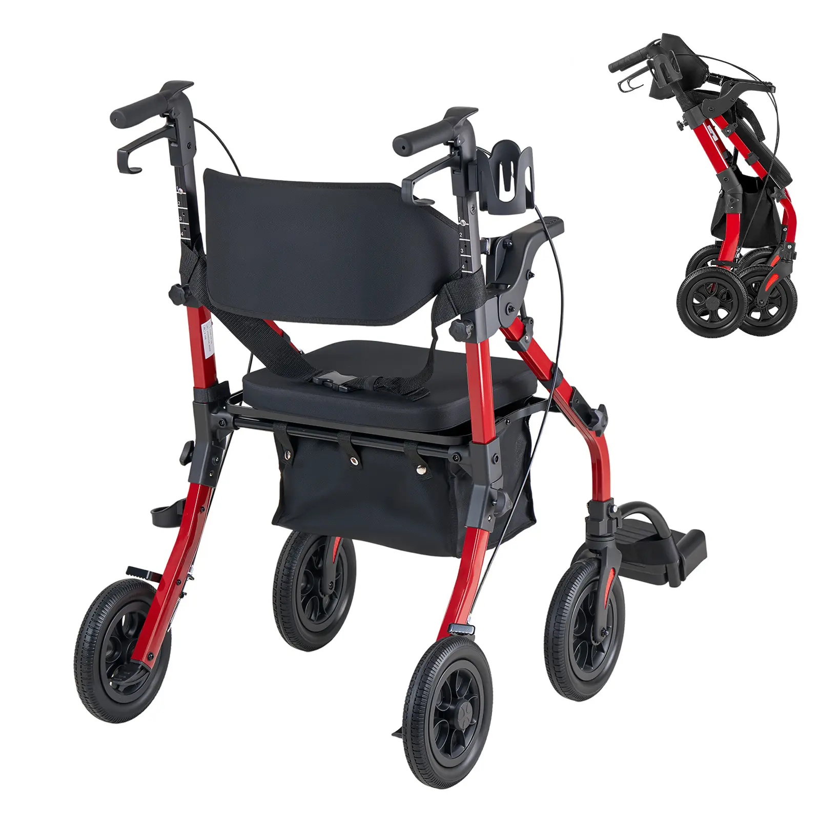 2-in-1 Rollator Walker & Transport Chair for Seniors, Foldable Rolling Walker Wheelchair, Lightweight Aluminum Mobility Walking Aid with Solid PU Wheels, Cup & Cane Holder - Supports 300LBS