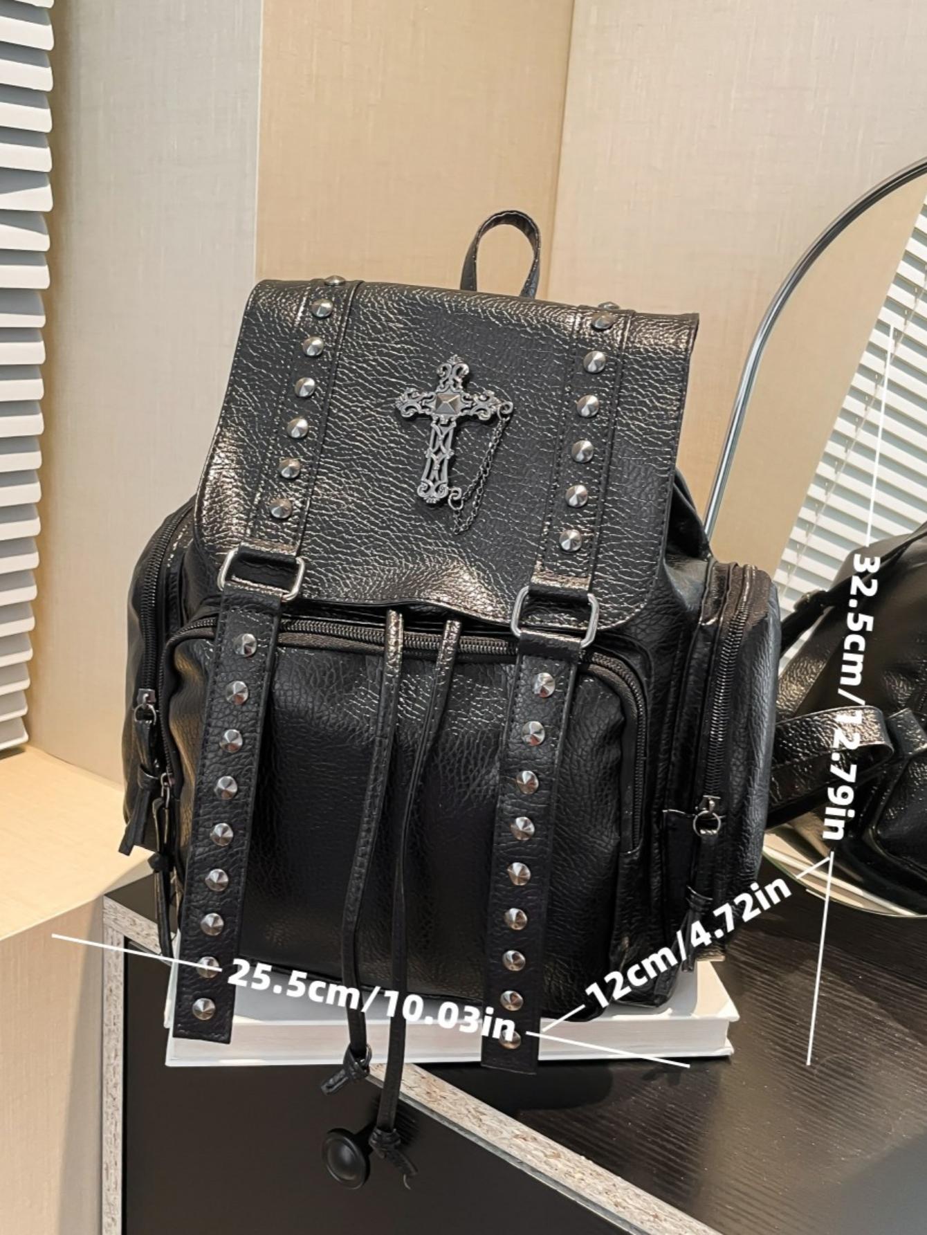 00s【archive】 Y2K Black leather waist bag Original Self-Made Y2K Soft Leather Backpack, Dark Gothic Cross