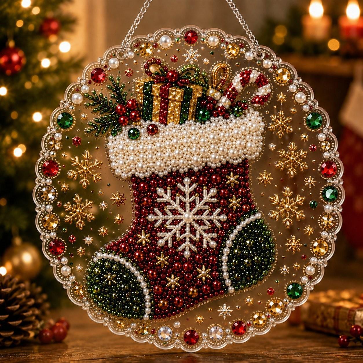 Christmas Pearl Diamond Painting Kit, Handmade, 10 Inch, Pre-Assembled Metal Chain, Acrylic Round Board with Lace Edge, 3D Pearls, Holiday Decor