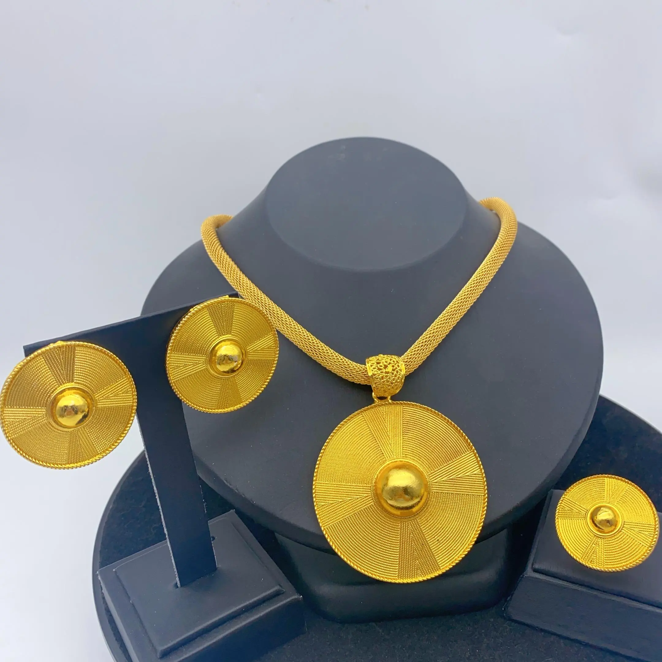 ANIID Luxury Dubai 24k Gold Plated Round Necklace And Earrings Sets For Women Ethiopian Indian Bridal Jewelry Set Wedding
