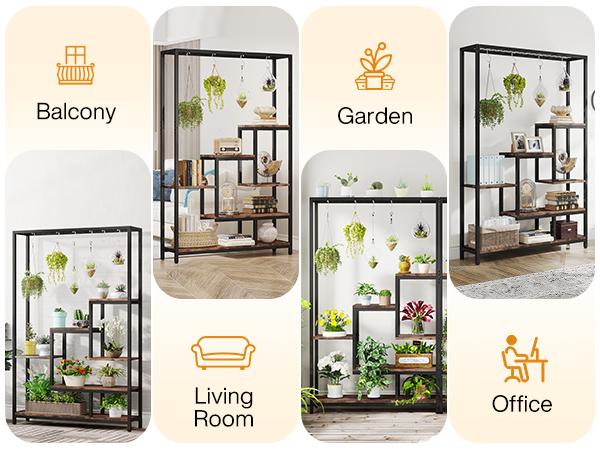 LITTLE TREE 5-Tier Tall Indoor Plant Stand, 70.9 inches Large Metal Plant Shelf with 6PC S Hanging Hooks, Multi-Purpose Flower Bonsai Pots Display Rack for Indoor, Garden, Balcony, Living Room
