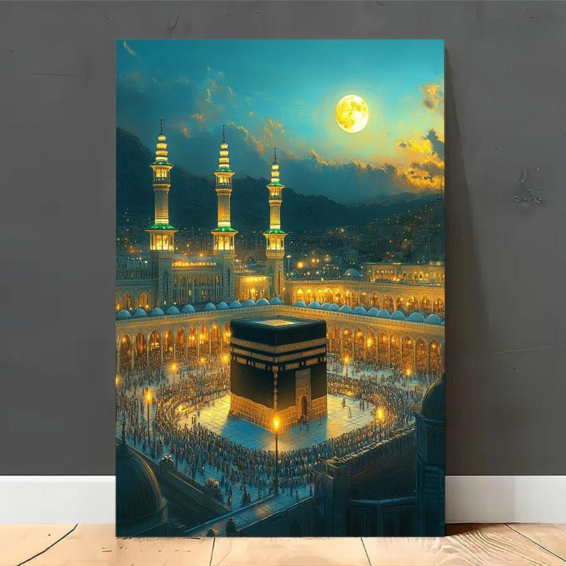 Islamic Mosque Mecca Kaba Night Scene Wall Art, Home Decor for Living Room, Bedroom, Office, Muslim Gift, Religious Art, HD Print, Modern Spirituality