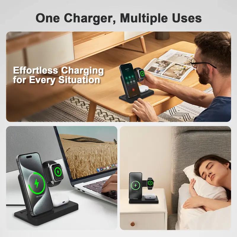 3 in 1 Wireless Charging Station, Foldable 15W Fast Wireless Charger Stand for Apple Devices, Qi-Certified for iPhone 18/17/16/15/14/13/12/11/Pro/Max/X/XR/Samsung, iWatch-SE/7/6/5/4/3/2 & AirPods, QC-3.0 Adapter Included