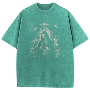 Digitex Virgin Mary Print Acid Wash T-Shirt, Oversized Loose Fit Heavy Cotton Tee, Distressed Retro Streetwear Top for Men and Women