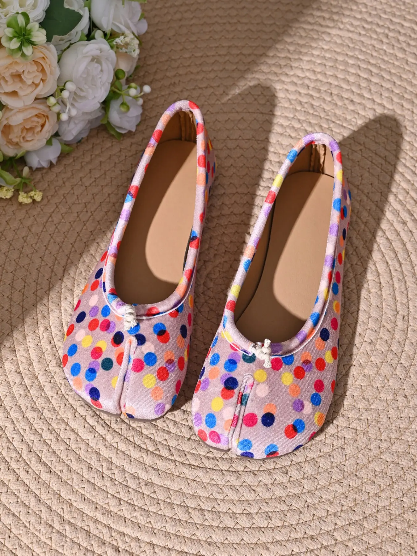 Women Colorful Polka Dot Split Toe Ballet Flats, Soft Fabric Slip On Casual Tabi Flat Shoes, Lightweight Flats Footwear