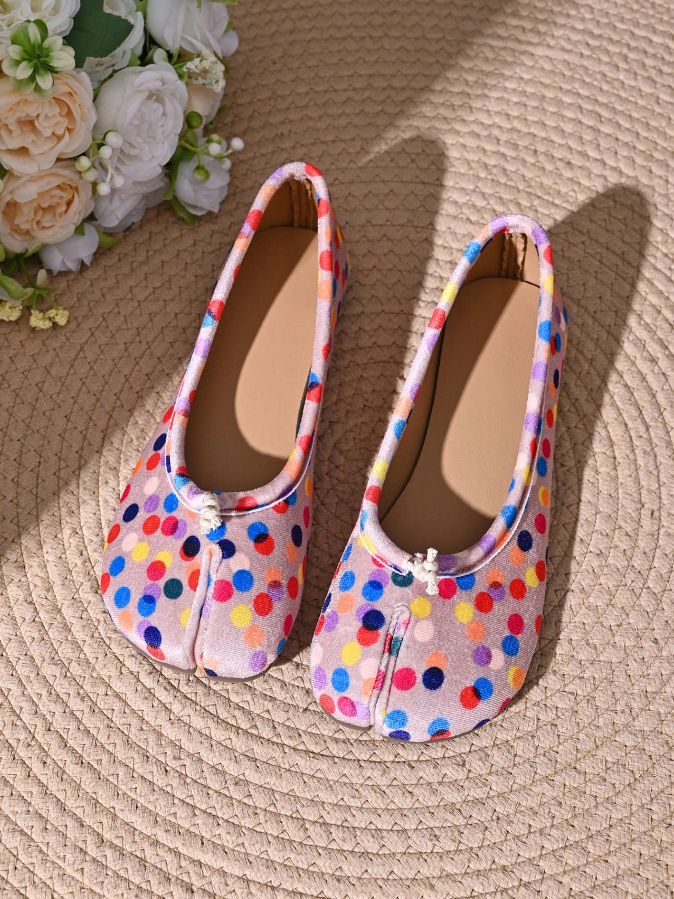 Women Colorful Polka Dot Split Toe Ballet Flats, Soft Fabric Slip On Casual Tabi Flat Shoes, Summer Flats