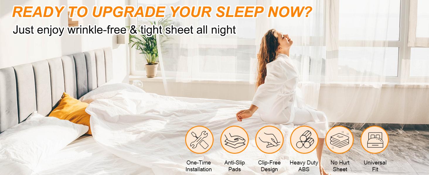 Bed Sheet Holders for Corners, Duty Fitted Sheet Holder with Lock Fastener Straps &Anti-Slip Pads Keep Sheets Firm&Tight, No More Loose Sheets, Easy Installation for Any Mattress Sizes(Set of 4)