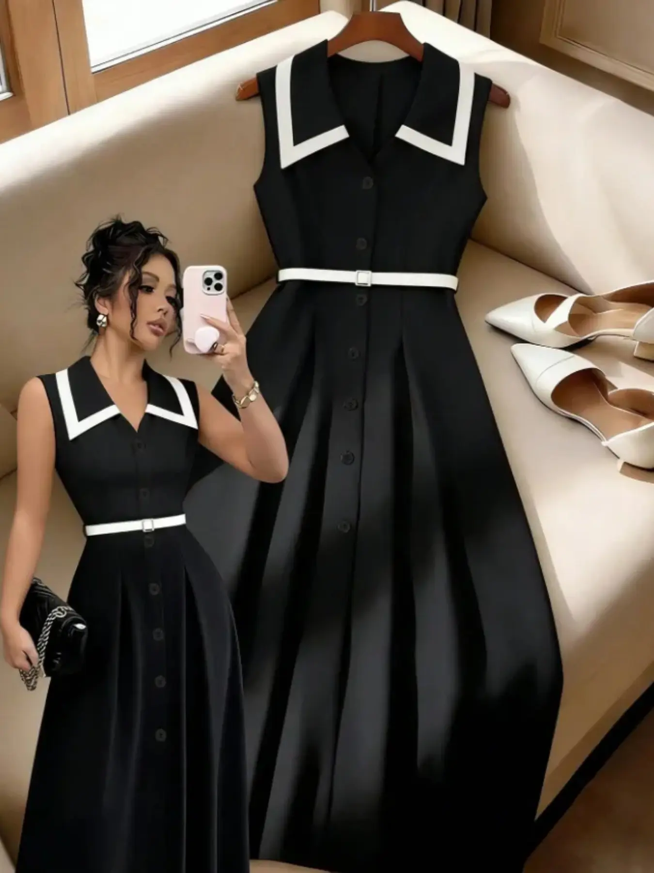 Elegant A-Line Dress with Belt, Sleeveless French Style Collar, Slimming Effect, Business Casual, Vacation Long Dress for Women