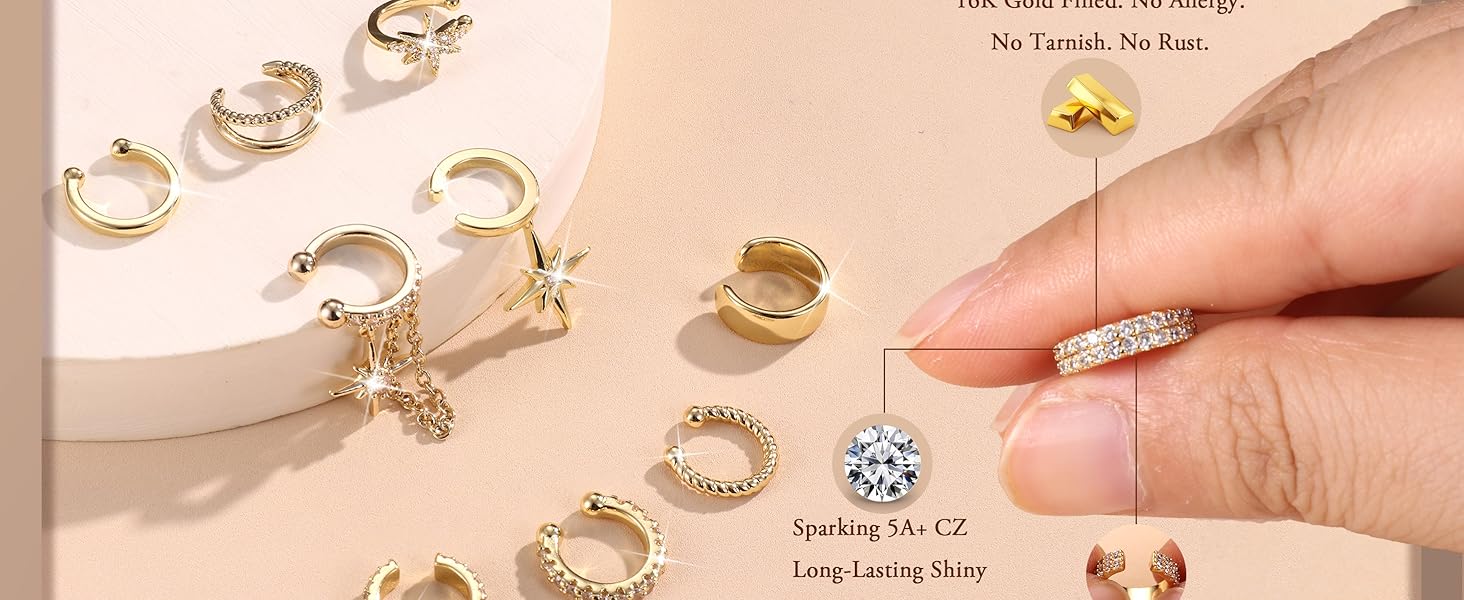 3Pcs Ear Cuff No Piercing for Women Gold Ear Cuff Earrings Silver Clip on Hoop Earring Adjustable Cartilage Helix Earring Hypoallergenic Fake Piercings Earrings Stack for Sensitive Ear