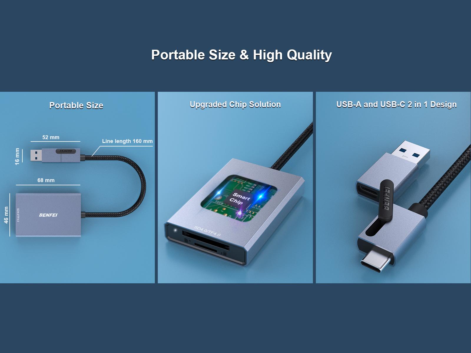 BENFEI SD 4.0 Card Reader, USB-C/USB-A 2-in-1 Memory Card Reader, for SDXC, SDHC, SD, MMC, RS-MMC, Micro SDXC, Micro SD, Micro SDHC Card, UHS-II, and UHS-I Cards BENFEI SD 4.0 Card Reader, USB-C/USB-A 2-in-1 Memory Card Reader, for SDXC, SDHC, SD, MMC, RS-MMC, Micro SDXC, Micro SD, Micro SDHC Card, UHS-II, and UHS-I Cards