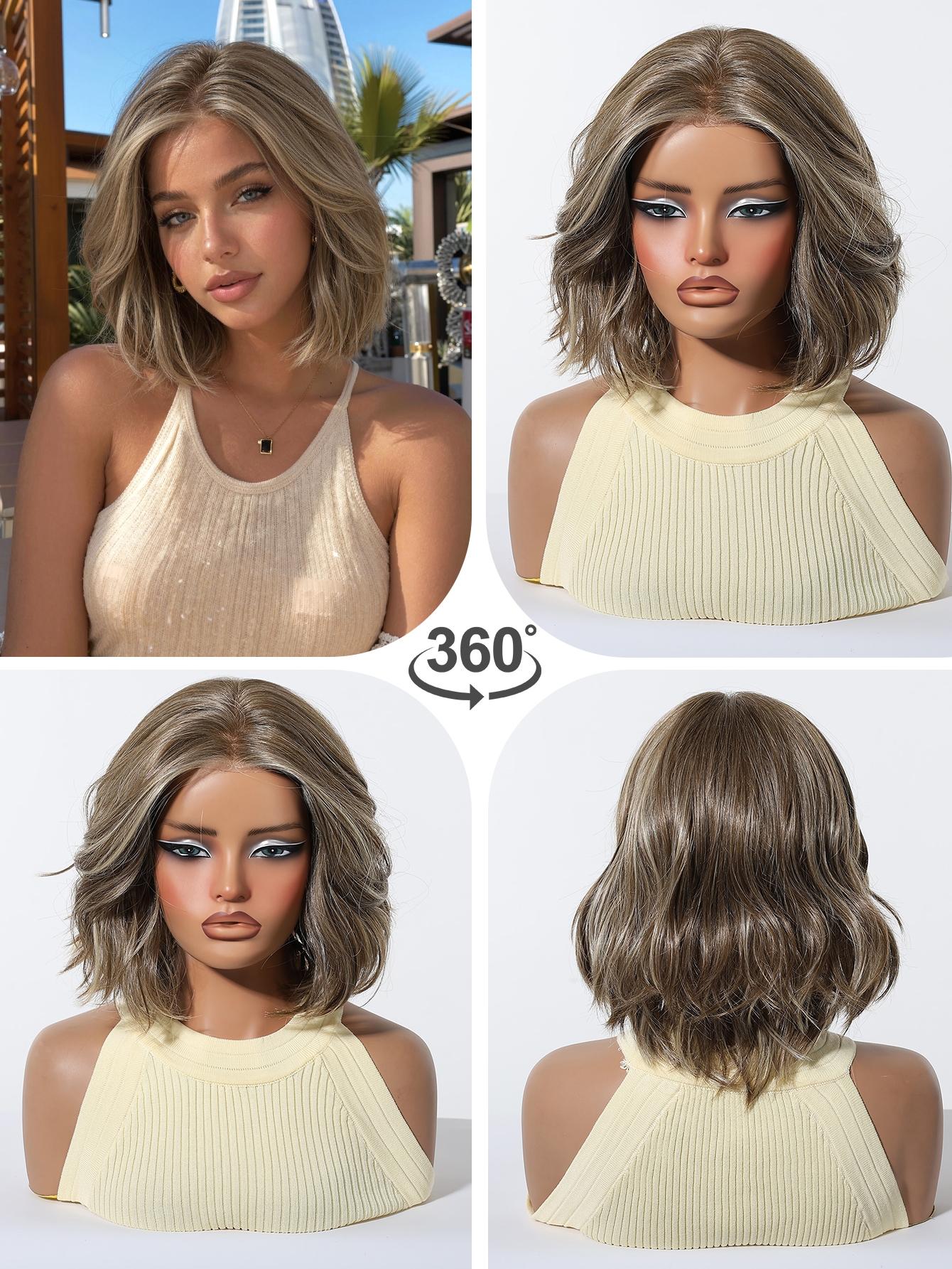 Topshe Hand Tied Mono Base Short Bob Wig, Dark Root Ash Brown Highlight Flip Out Loose Wave Bob, Breathable Mono Top Realistic Scalp, Glueless Wear & Go No Bleach, Tangle Free Heat Resistant Synthetic Hair, Synthetic Material Wigs