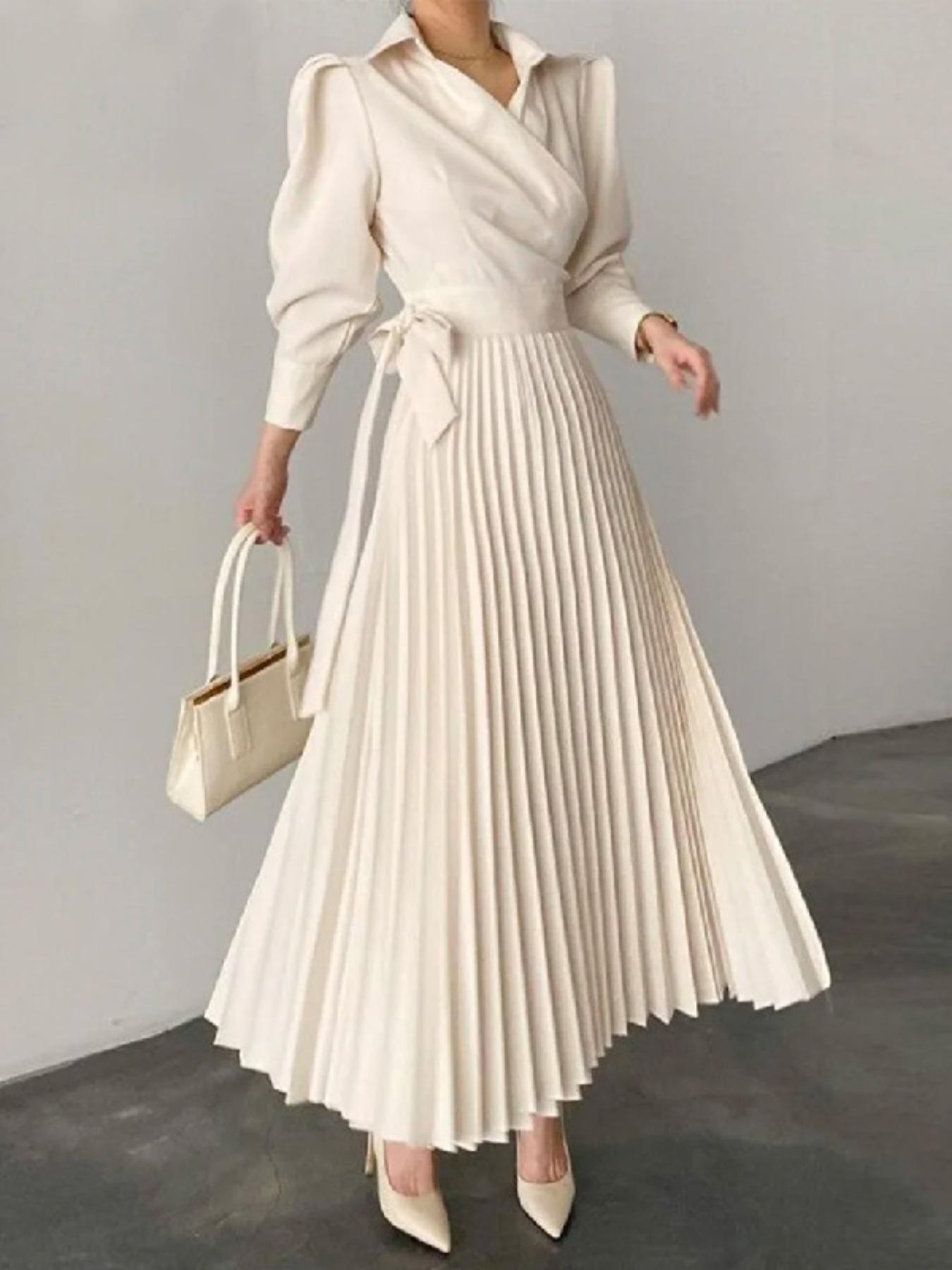 Women's Solid Notched Neck Wrap Pleated Belted Shirt Dress, Elegant Fashion Long Dress for Daily Holiday Work Office Wear, Fall Clothing Women, Dresses for Women, Women Dress for Spring Fall, Elegant Fit Dress