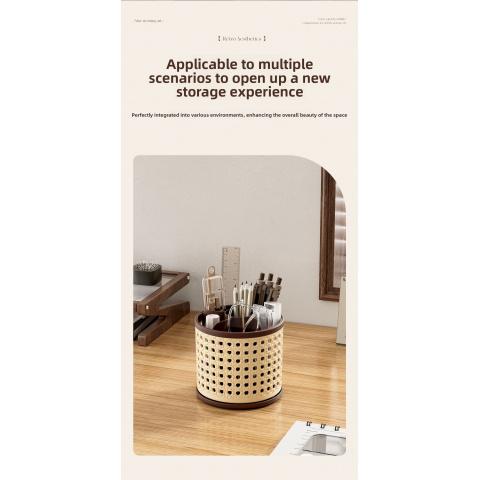 360° Rotating Pen Holder, Spacious Desktop Organizer for Students, Makeup Brush Storage Box, Independent Compartments, Vintage Style Design