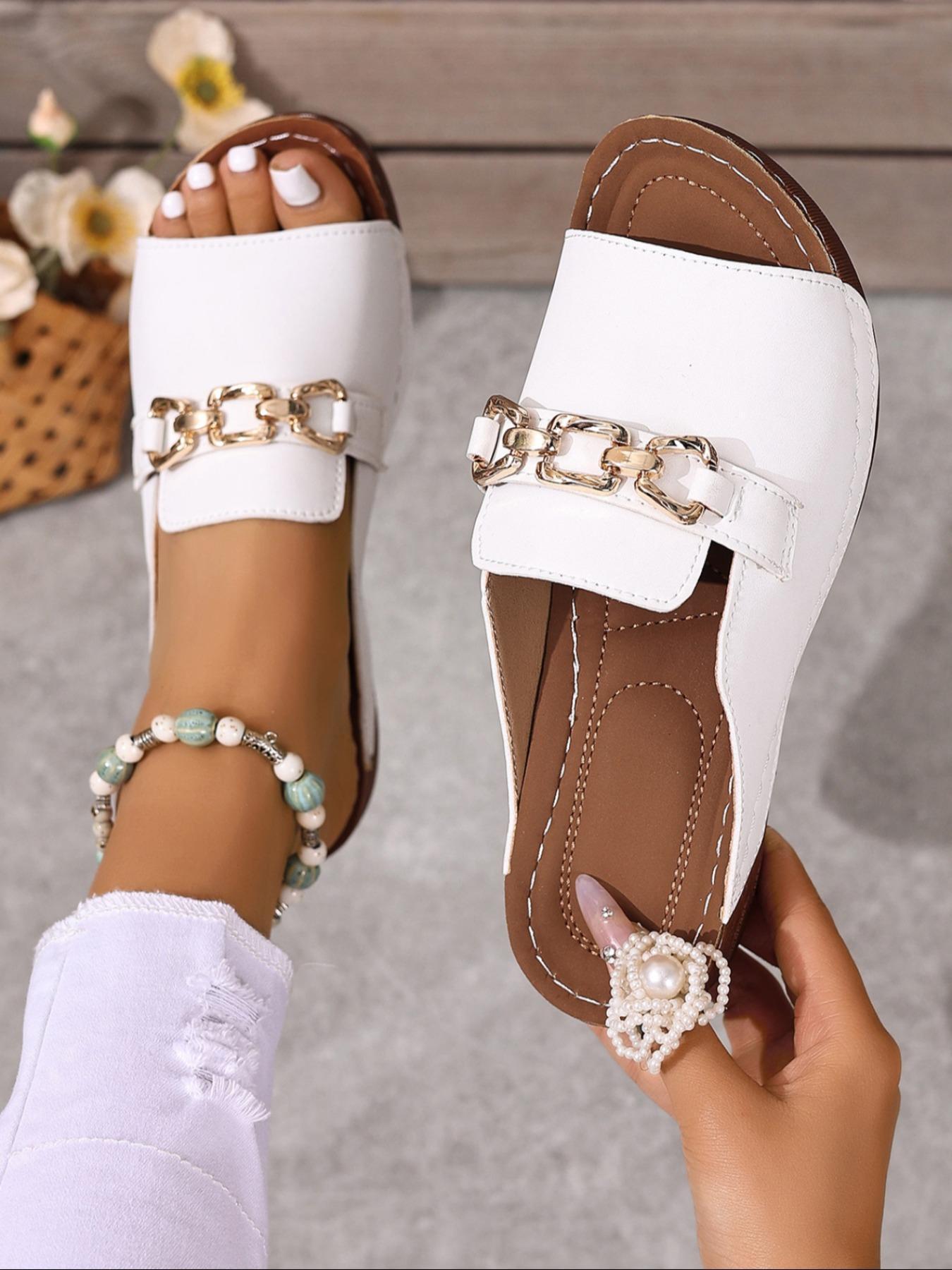 Women's White Chain Decorated Platform Sandals, Elegant Minimalist Sandals, Summer Beach Sandals, Casual Slide Sandals, Boho Style Sandal, Lightweight Breathable Comfortable Shoes for Daily Wear, Footwear