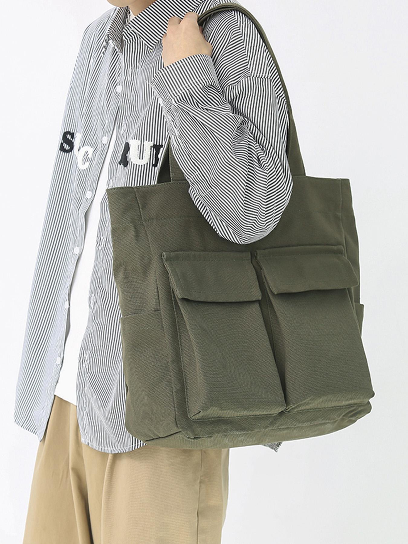 1PC Men's tote bag, solid color zipper closure, fashionable and versatile, simple and large capacity, suitable for daily commuting, outdoor travel, camping, suitable for students, campus, men's tote bag