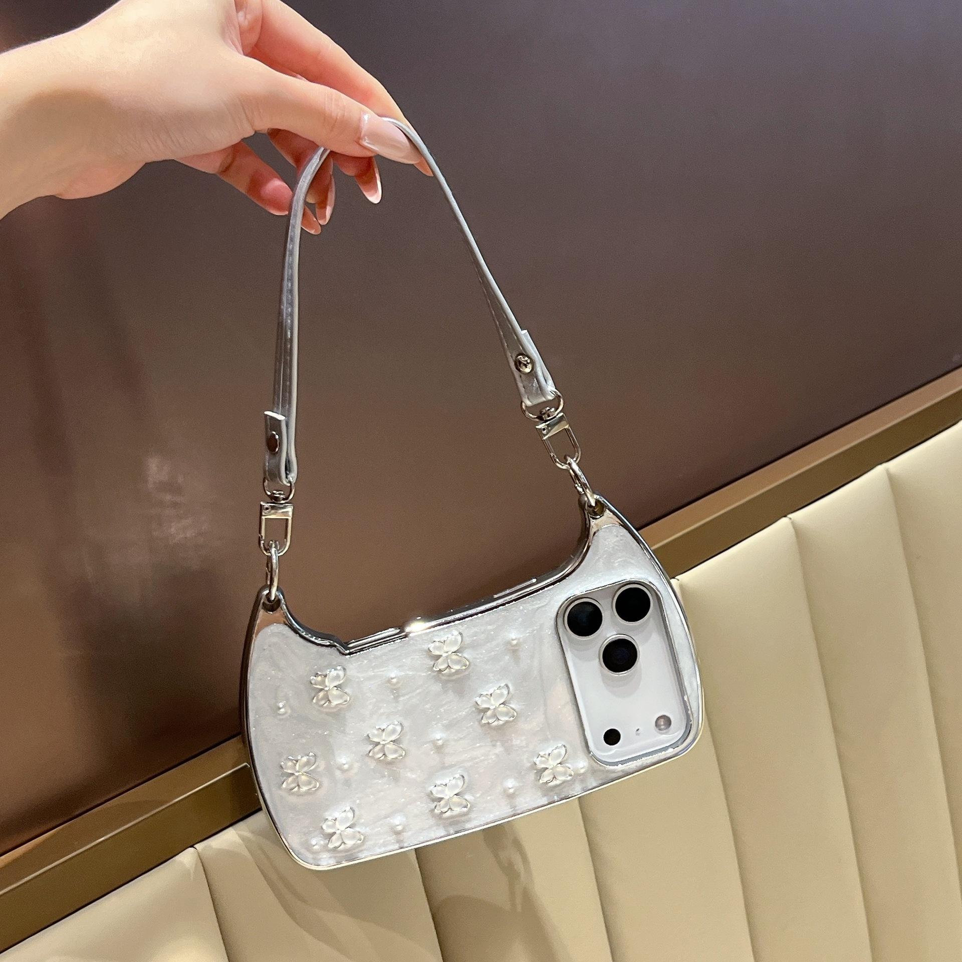 (Case & Nova) Luxury Drip Glaze Mini Handbag-Shape Chrome Case, Electroplated Frame, Pearl Butterfly Decor, Detachable Strap/Wrist Strap, Anti-Drop Shockproof Slim Hard Cover for iPhone 17 Pro Max,16,15,14,13,12,11 Cute Mobile Phone Accessory, Silicone Sh