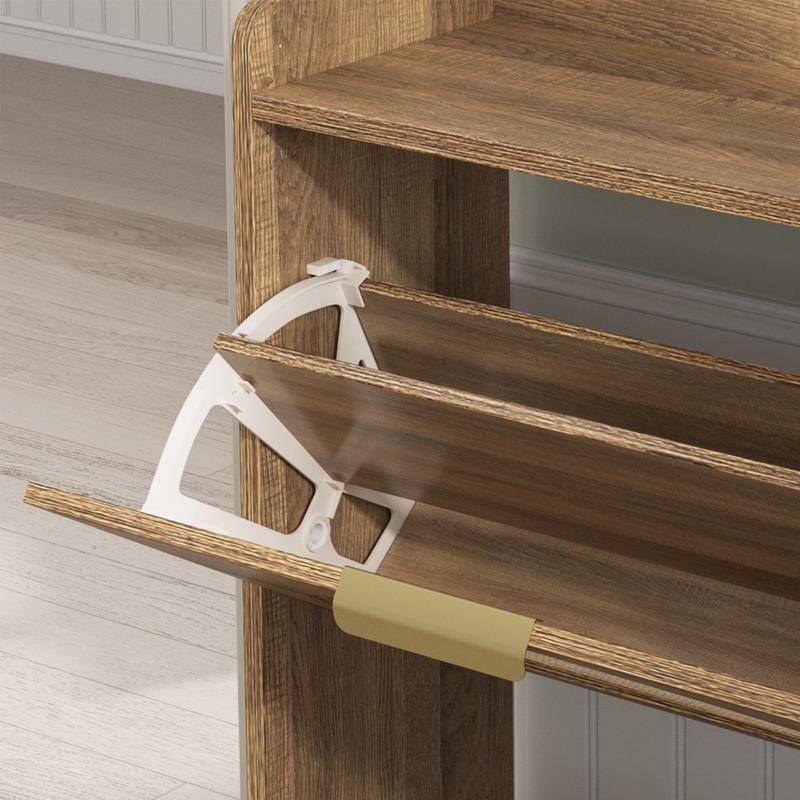 Vabches Large Rattan Shoe Storage Cabinet with 4 Flip Drawers, Freestanding Shoe Organizer with Metal Legs for Entryway, Hidden Silver Handles, Narrow Shoe Rack Cabinet