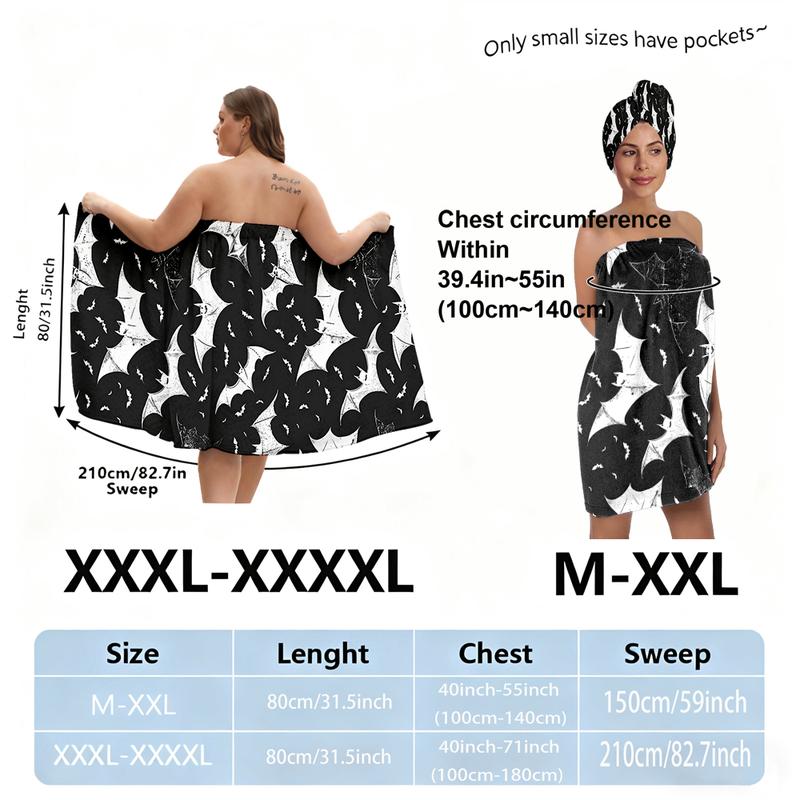 XXXXL plus-size bathrobe set, Halloween bat series, suitable for women, absorbent hair wrap towel for after bathing, spa, and swimming pool. A must-have for home/travel.