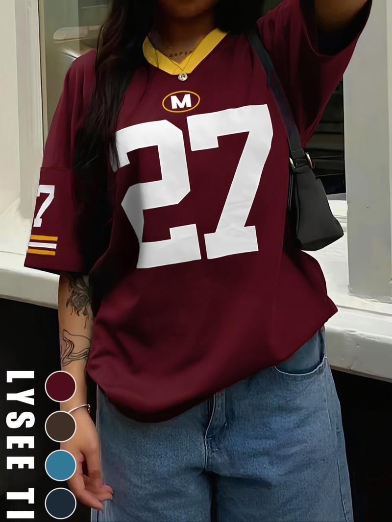 Women's Number Print V Neck Tee, Casual Fitted Short Sleeve T-shirt for Summer, Women's Top for Daily Wear