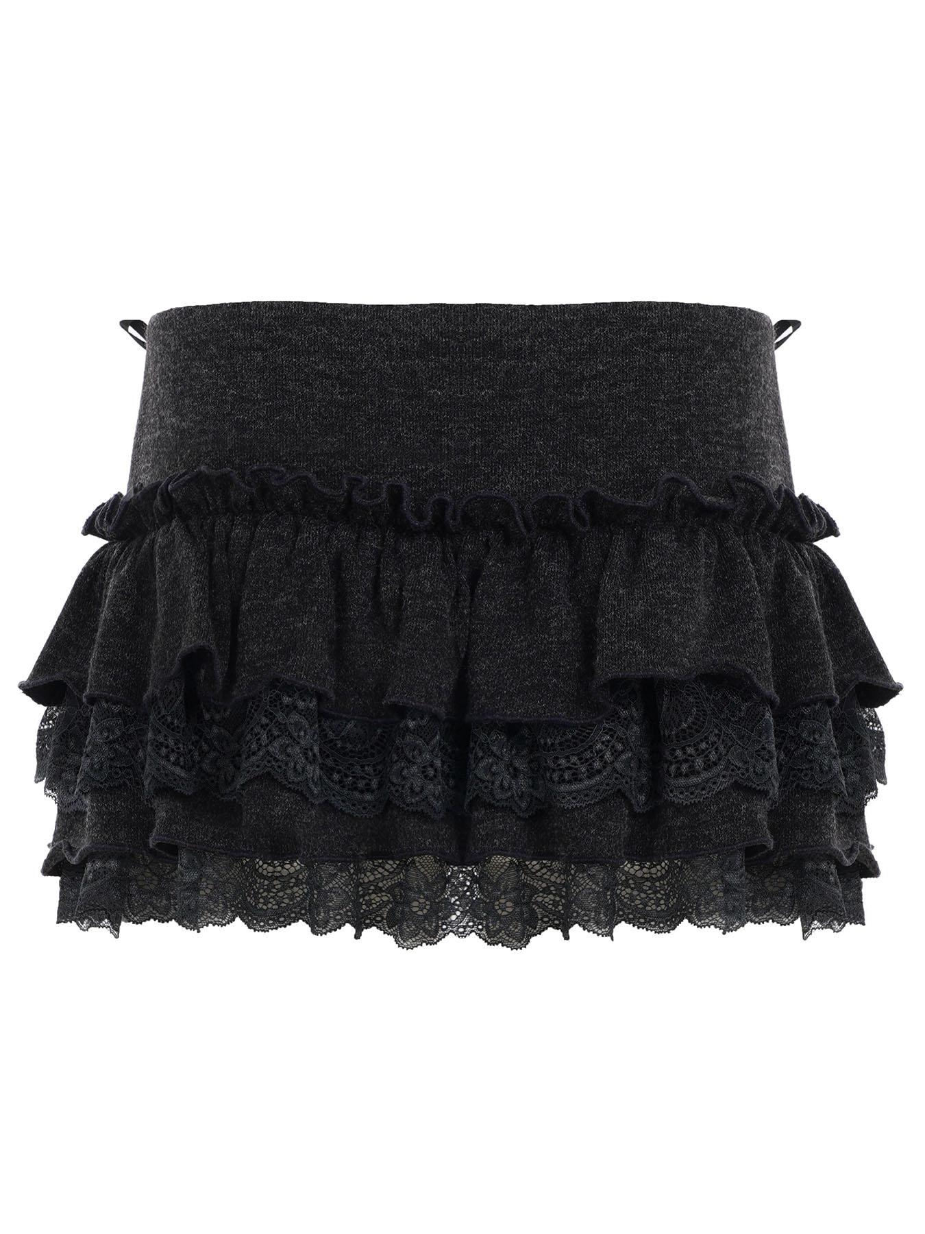 Y2K Sweet Style Bow Decorated Tiered A-Line Skirt, Mini Natural Waist Lace Trim Design Bottoms, Fitted Plain Cake Skirt for Women