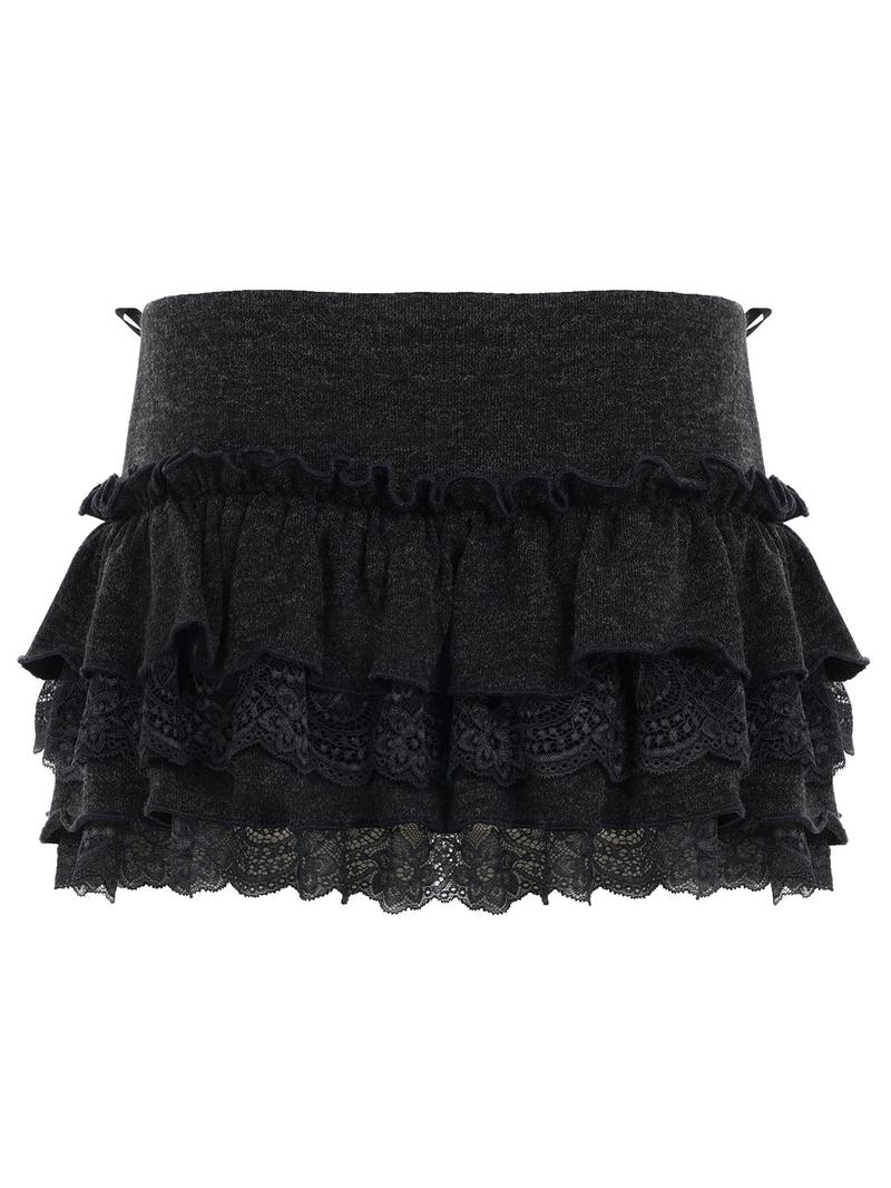 Y2K Sweet Style Bow Decorated Tiered A-Line Skirt, Mini Natural Waist Lace Trim Design, Fitted Plain Cake Skirt for Women