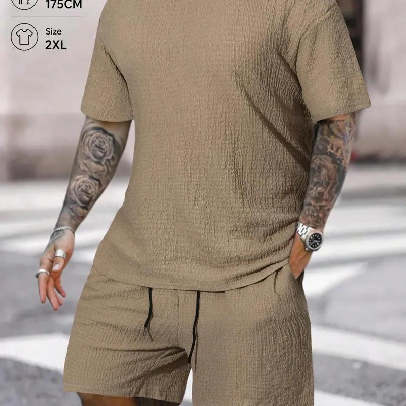 Men's Solid Textured Round Neck Tee & Drawstring Waist Shorts Pyjama Set, Short Sleeve Top & Shorts Set, Casual Comfy Men's Sleepwear & Loungewear, Menswear, Pajamas