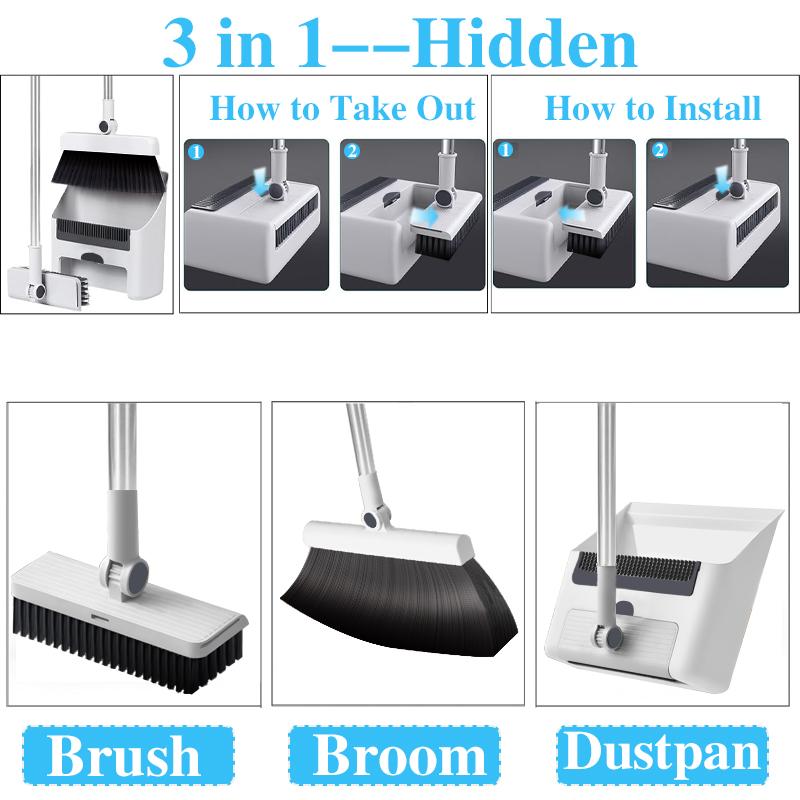 3in 1 Broom and Dustpan Set: Set - Efficient Broom and Dustpan Set and Floor Brush Heavy-duty Long-handled Broom for Indoor and Outdoor Cleaning
