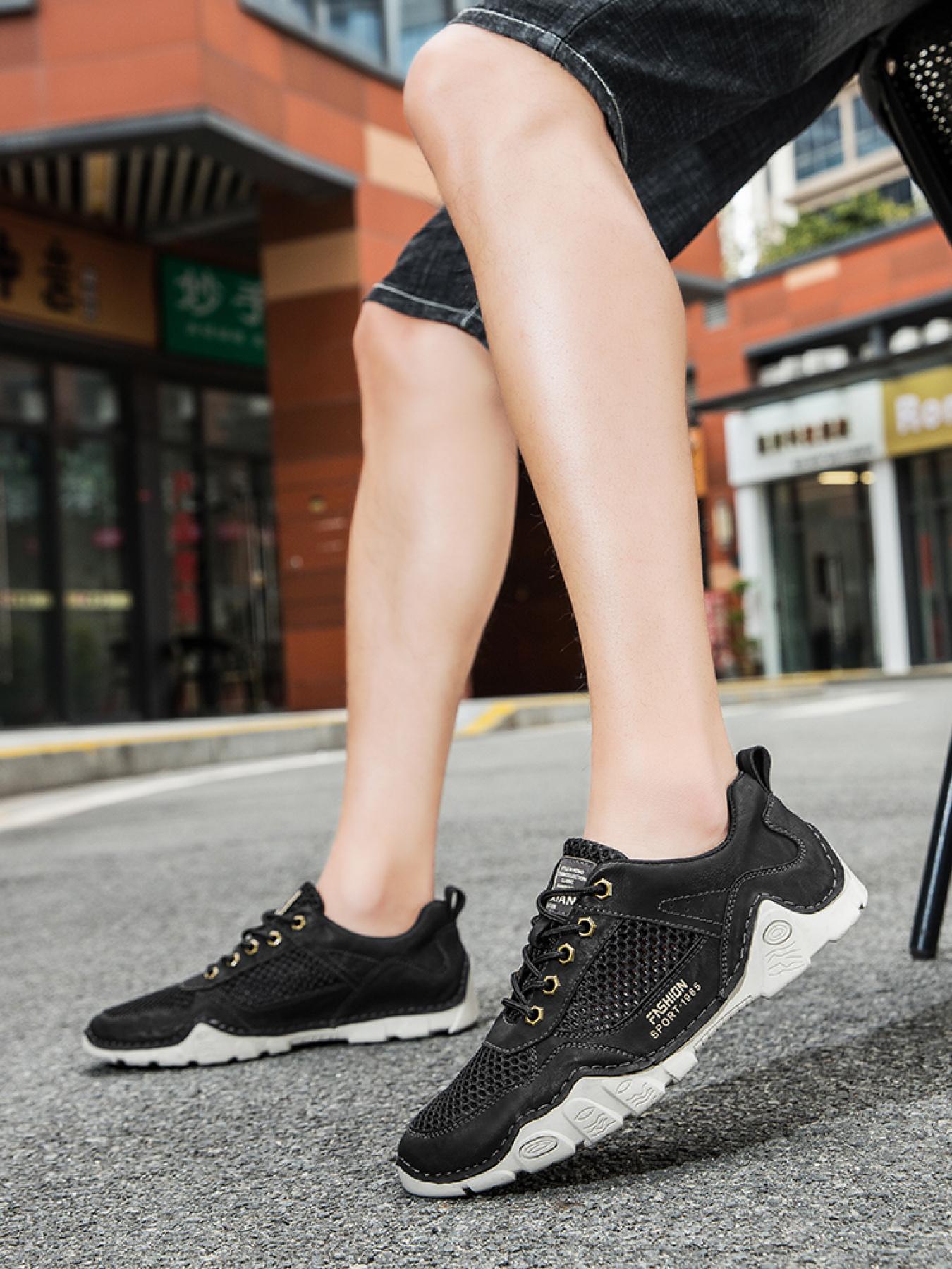 Men's Solid Color Mesh Patchwork Casual Sneakers, Hand-Stitched Thick-Soled Non-Slip Hiking Shoes, Trendy Versatile Breathable Dad Shoes