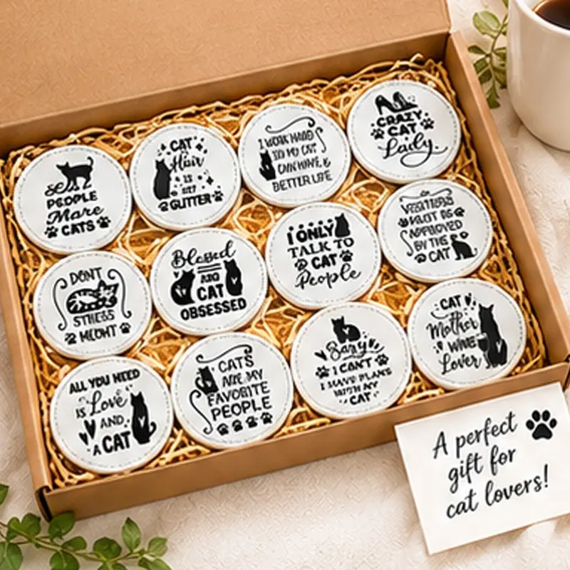 12pcs Cat Cup Mats, PU Leather Drink Coasters, 12 Unique Cat Designs, Cute Cat Lover Gift, Durable & Stylish Table Accessories