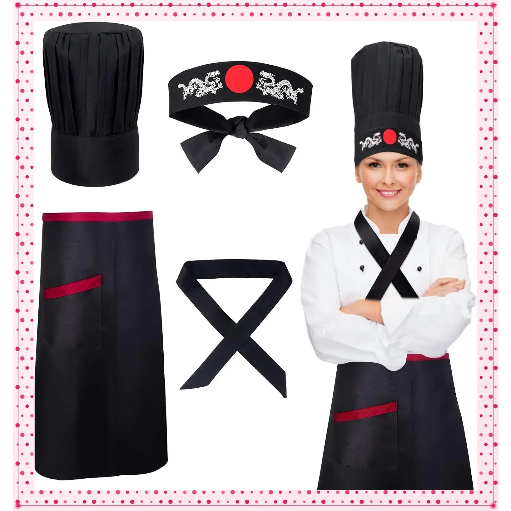 Hibachi Chef Tall Hat and Apron Costume Set with Headband Tie for Japanese Cuisine Lovers and Hibachi EnthusiastsGift