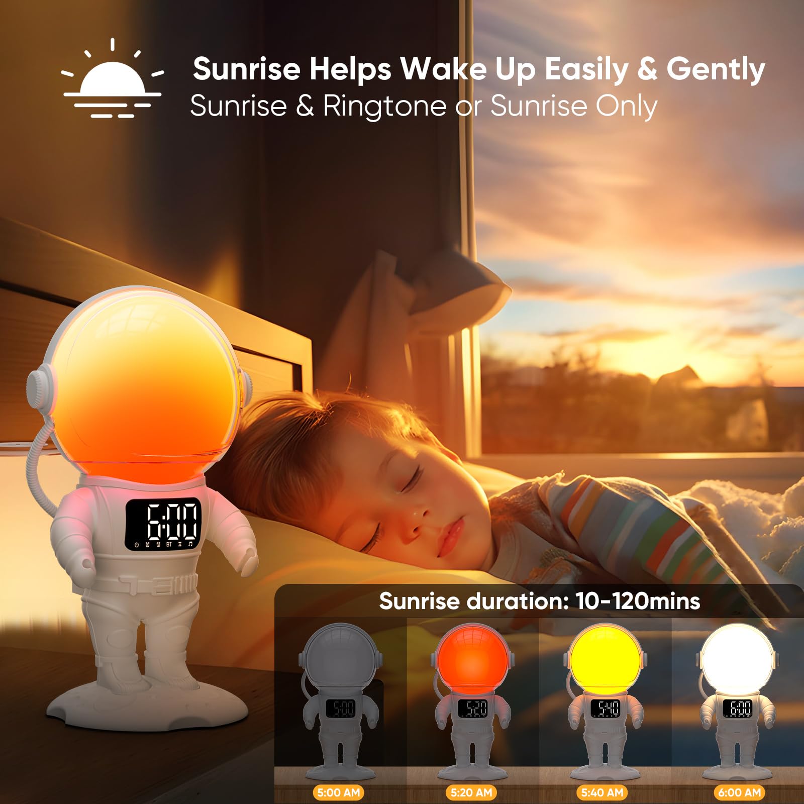 Astronaut Wake Up Light Sunrise Alarm Clock for Kids, Heavy Sleepers, Bedroom, Gradual Sunlight Alarm Clock with Sunrise Simulation, 21 Sleep Sounds, Dimmable Bedside Lamp with Timer, Boys Gifts Idea Decor speaker bluetooth