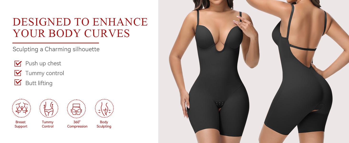 SHAPESHE Deep-U Plunge Bodysuit for Women Backless Built In Bra Low Back Bodysuits Shapewear Fit for Any Dress