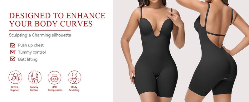 SHAPESHE Deep-U Plunge Bodysuit for Women Backless Built In Bra Low Back Bodysuits Shapewear Fit for Any Dress