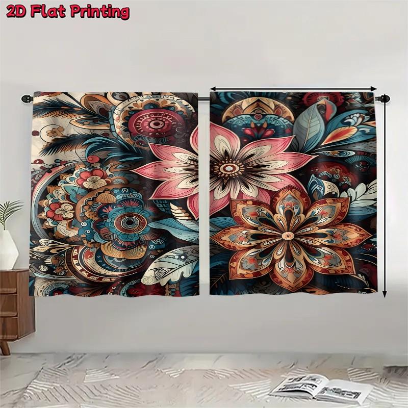 2 pieces of retro mandala-style floral printed curtains, made of polyester with semi-transparent texture, machine washable, suitable for bedrooms, living rooms and home decoration curtains.