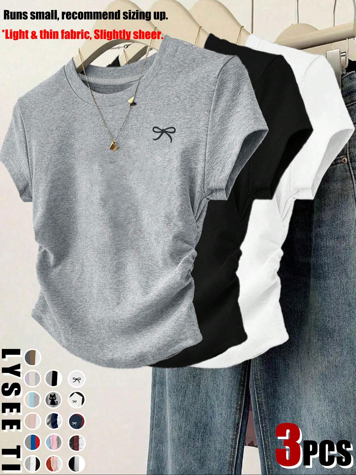 3pcs/1pc women's casual fashion slim fit small bow print details simple solid color pleated pullover shirt women's round neck short sleeved three piece T-shirt